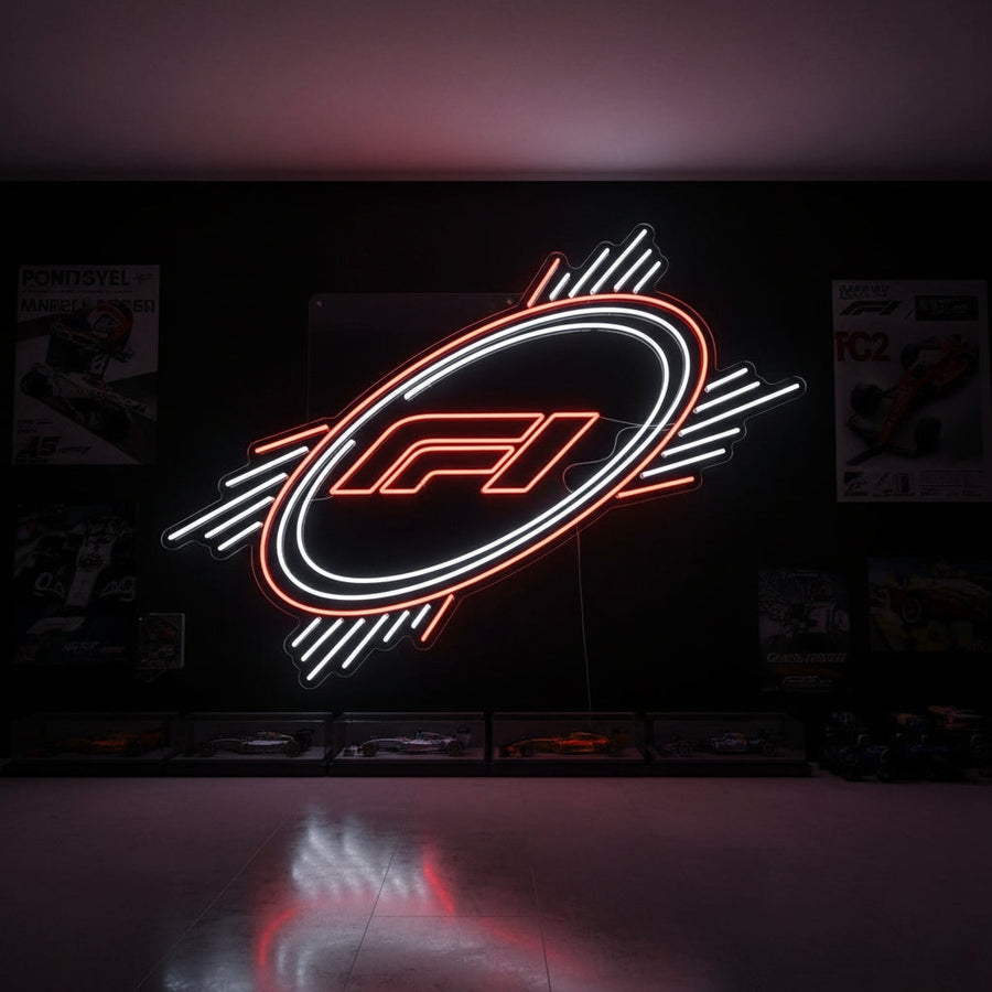 Neon sign with red and white F1 logo in an oval racing design, great for garages, home bars, and racing-themed rooms.