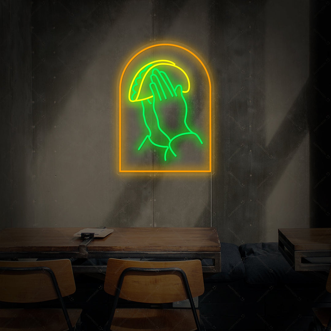 "Rukoilevat kädet tacojen kanssa" Neonkyltti