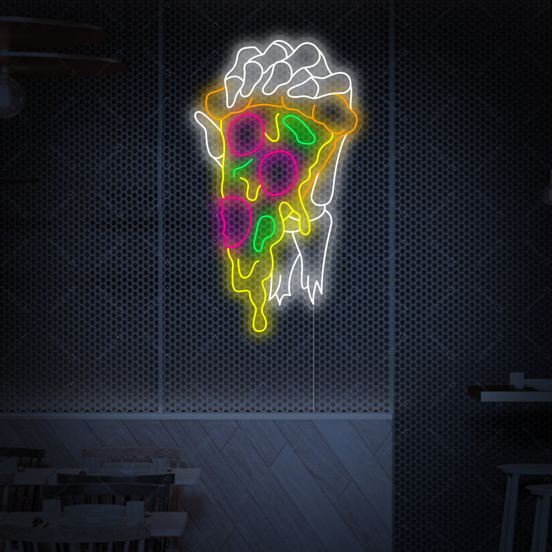 "Skeleton Hand Holding Pizza" Neonkyltti