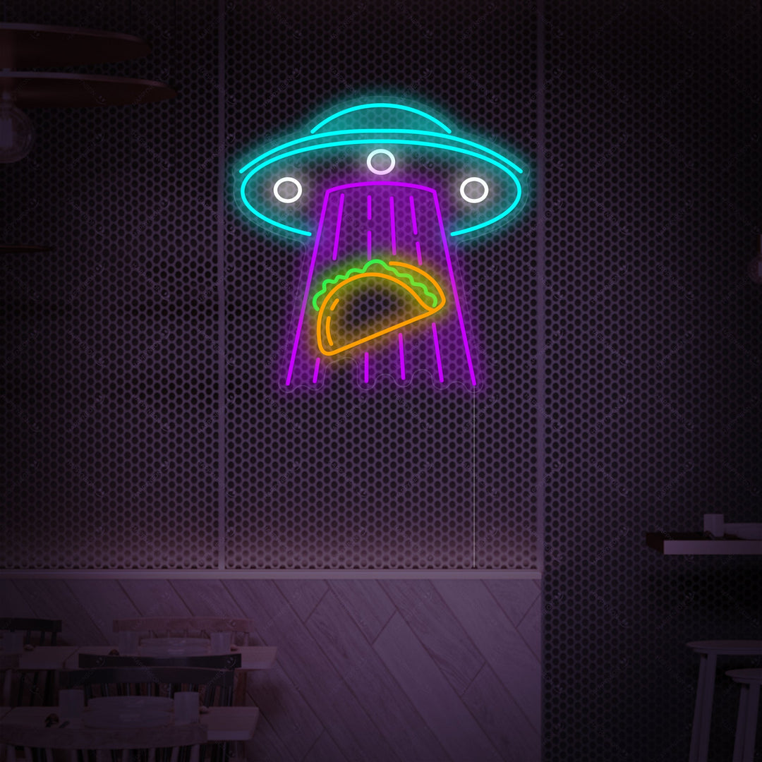 "Ufo sieppaavat tacoja" Neonkyltti