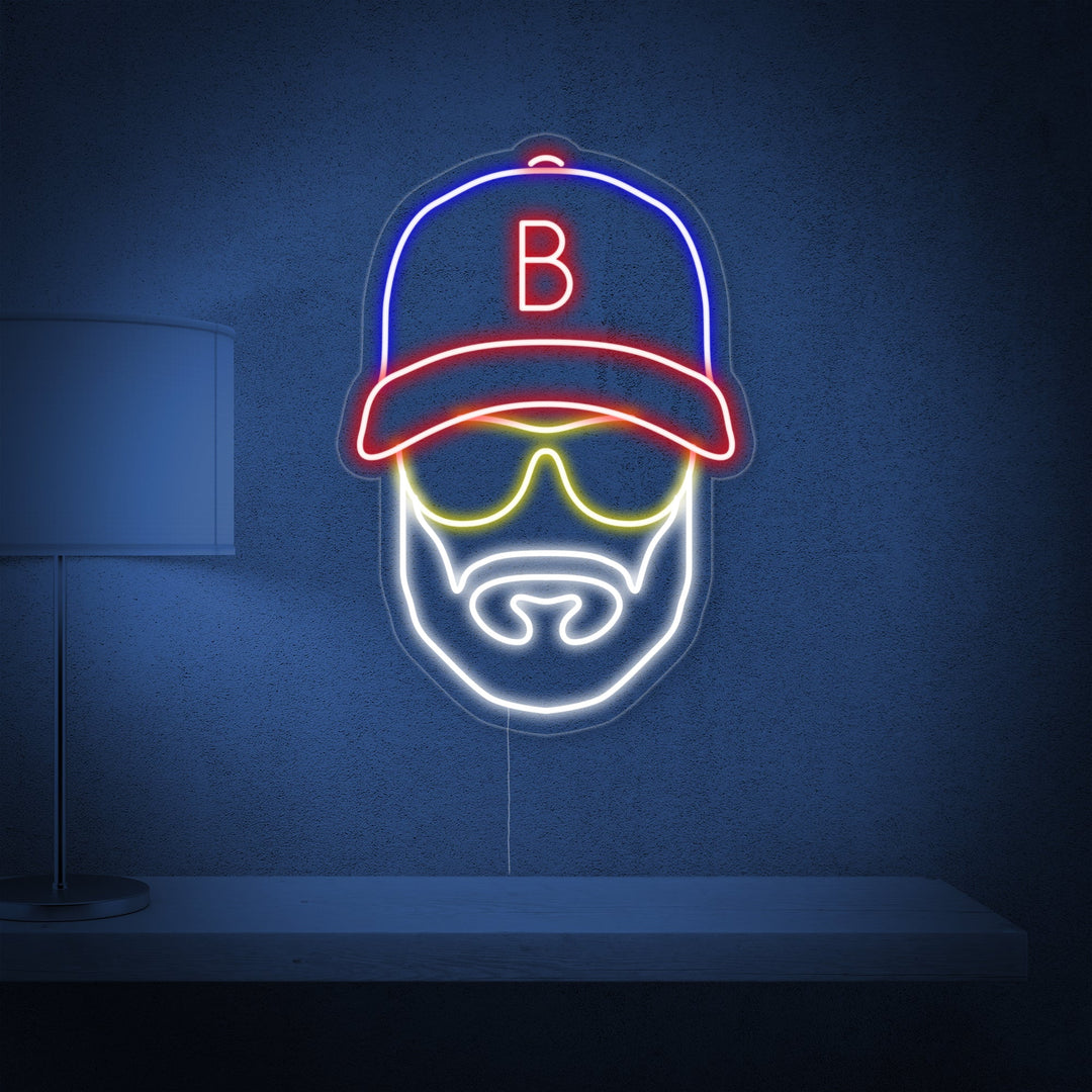 "Baseball Mies Hattu Päässä" Neonkyltti