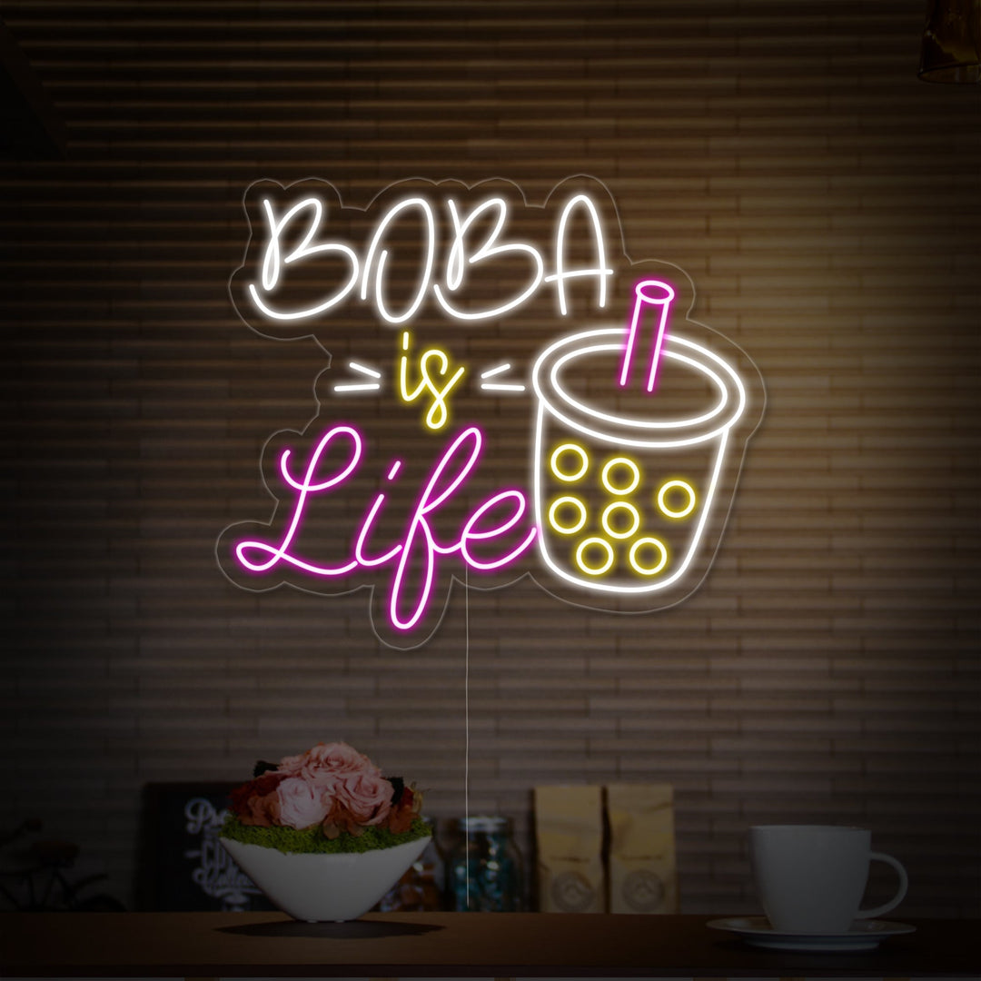 "Boba-kuppi, Boba is Life" Neonkyltti