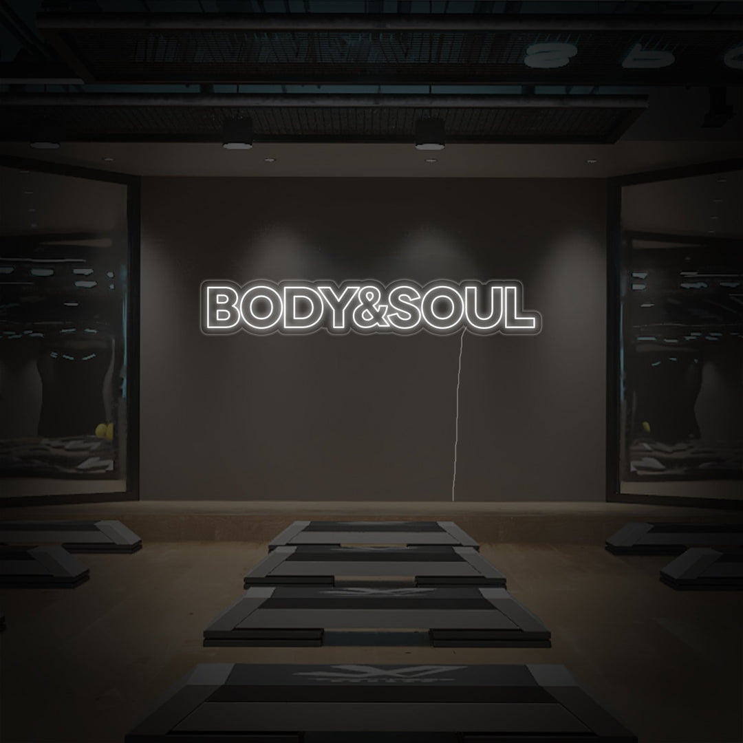 "Body And Soul, Kuntosali Sisustus, Kuntosali Lainauksia, Fitness Lainauksia, Workout Lainauksia" Neonkyltti