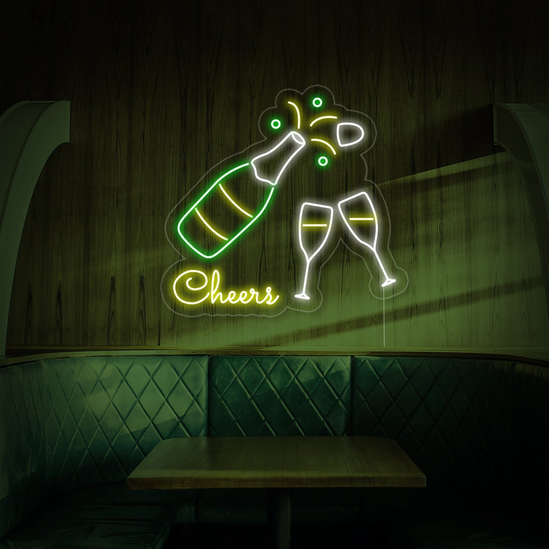 "Samppanjapullo, Samppanjalasit, Cheers" Neonkyltti