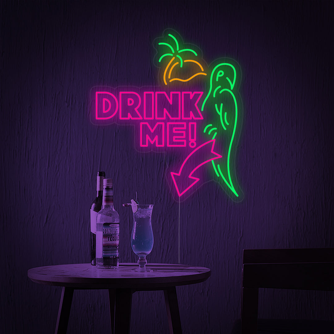 "papukaija, Drink Me" Neonkyltti