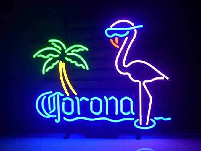 "Vaaleanpunainen Flamingo Palmu Olutbaari" Neonkyltti