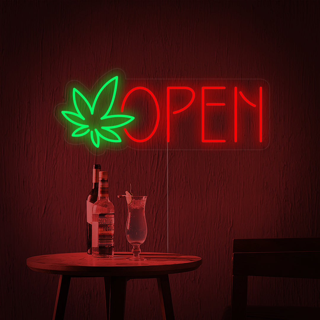 "Open, Puun lehti" Neonkyltti