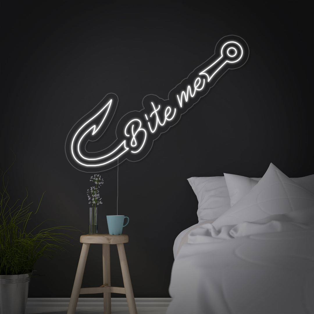 "Kalastuskoukku, Bite Me" Neonkyltti