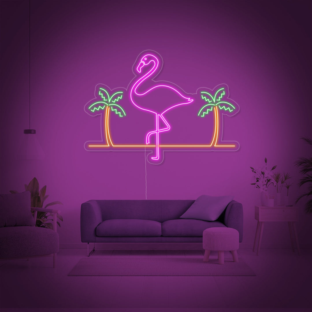 "Flamingo, Palmupuut, Baari" Neonkyltti