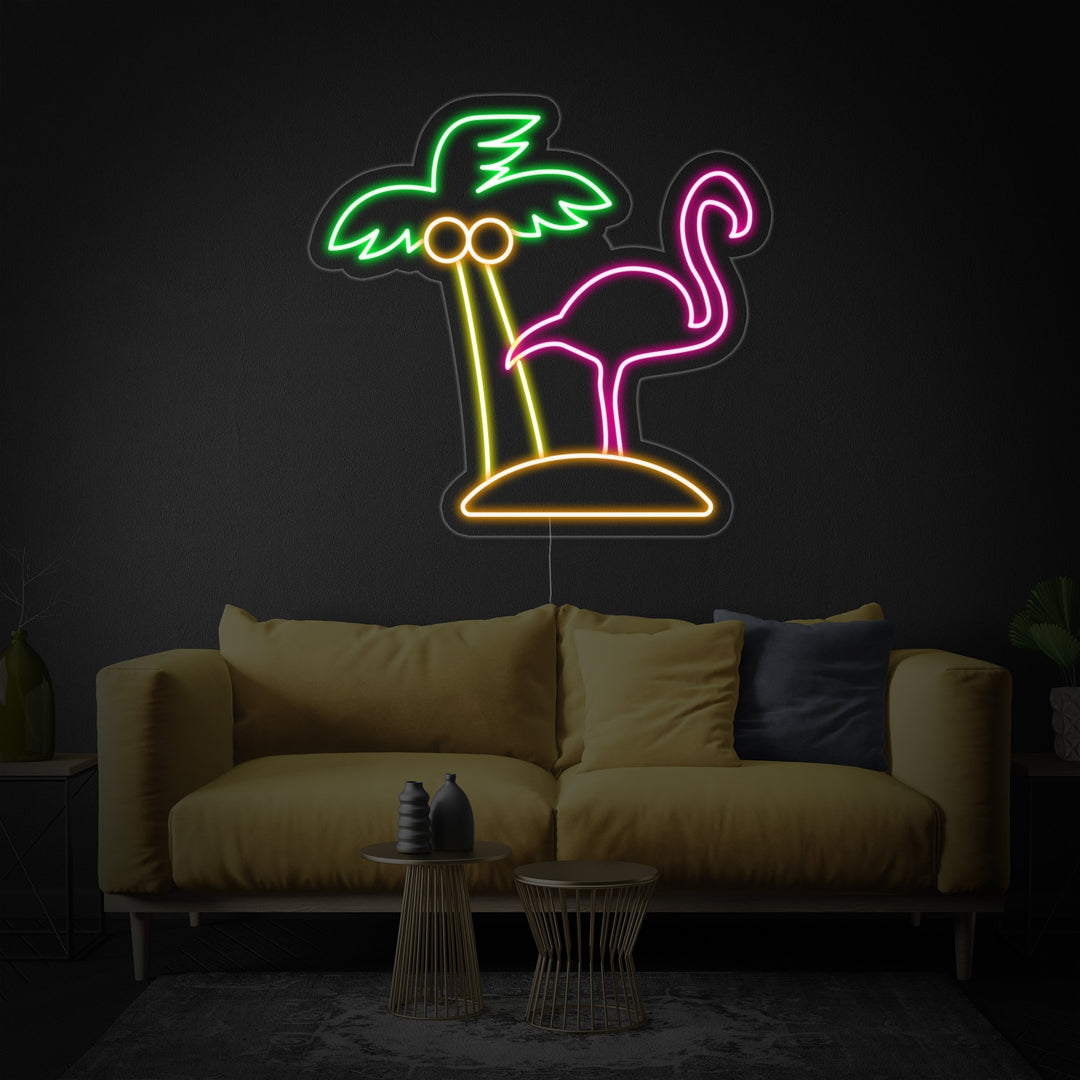 "Flamingo, Palmupuu, Ranta" Neonkyltti