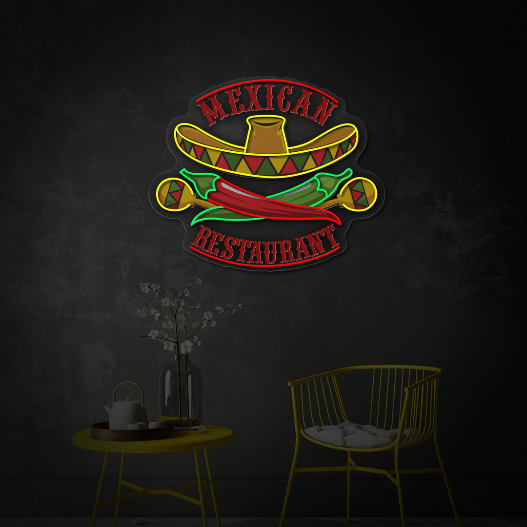 "Meksikolainen ravintola sombrero maracas pippuri" UV-tulostettu LED-neonkyltti