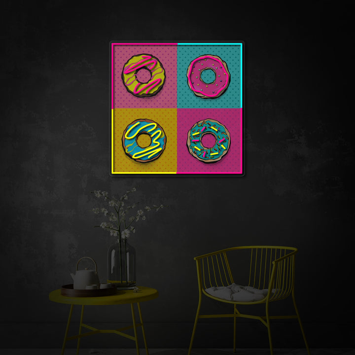 "Vaaleanpunaiset siniset munkkeja pop -taidetta" UV-tulostettu LED-neonkyltti