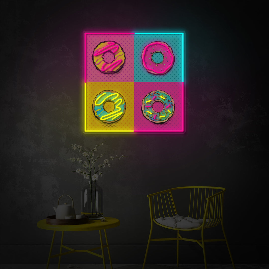 "Vaaleanpunaiset siniset munkkeja pop -taidetta" UV-tulostettu LED-neonkyltti