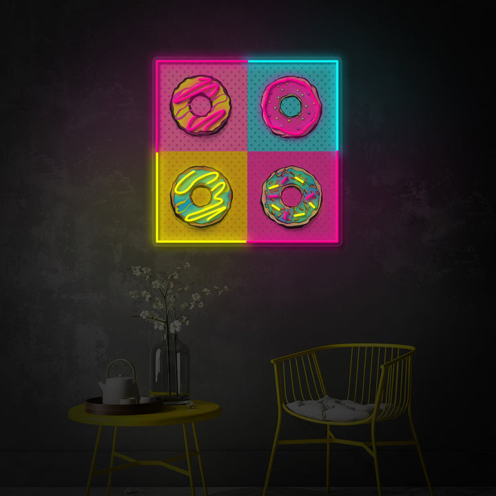 "Vaaleanpunaiset siniset munkkeja pop -taidetta" UV-tulostettu LED-neonkyltti