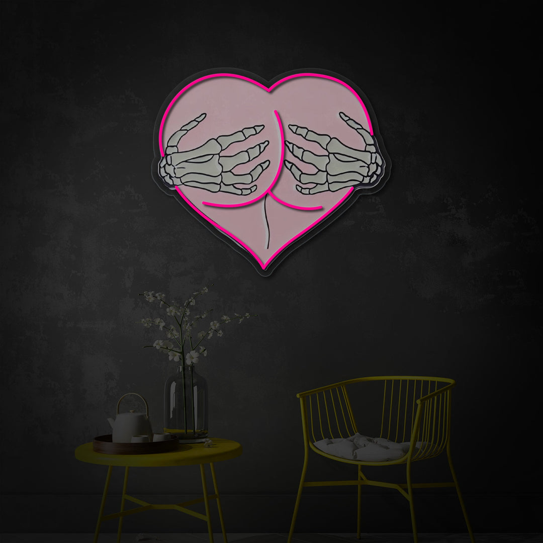 "Vaaleanpunainen sydän pusku halaa luuranko käsiä" UV-tulostettu LED-neonkyltti
