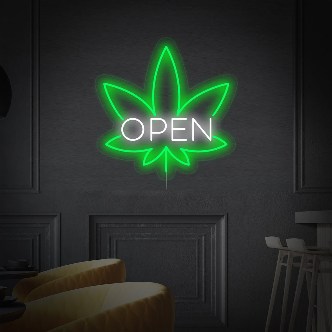 "OPEN, lehdet Bar" Neonkyltti