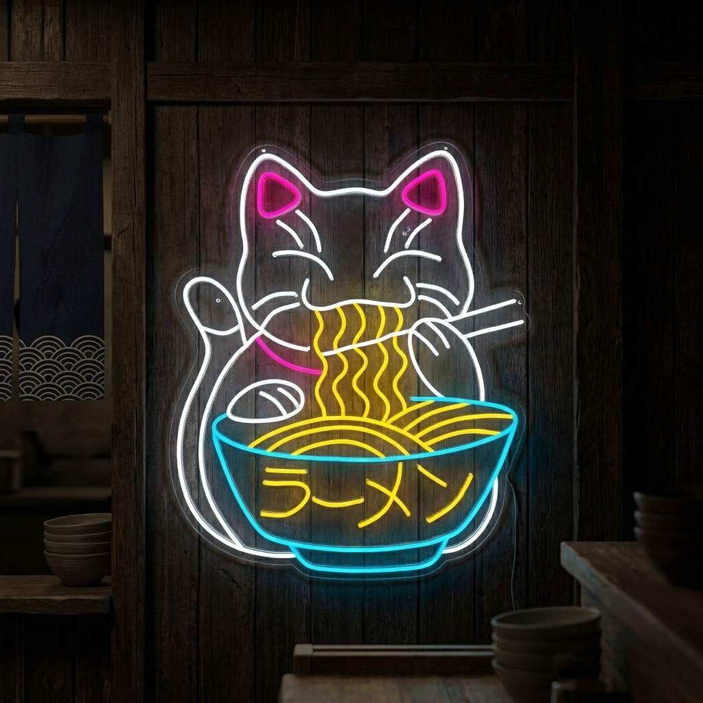 "Onnenkissa Syö Ramen-Keittoa Ja Japanilaisia Nuudeleita" Neonkyltti
