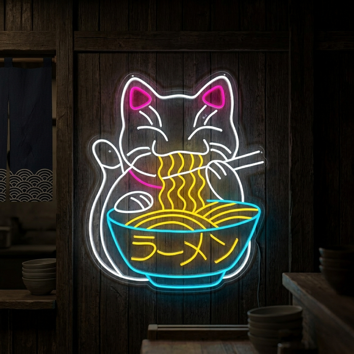 "Onnenkissa Syö Ramen-Keittoa Ja Japanilaisia Nuudeleita" Neonkyltti