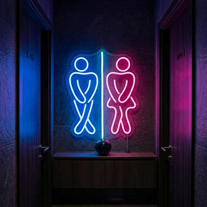 "WC, poika, tyttö, WC" Neonkyltti