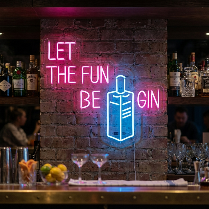 "Let Fun Be Gin Pullo Olutbaari" Neonkyltti