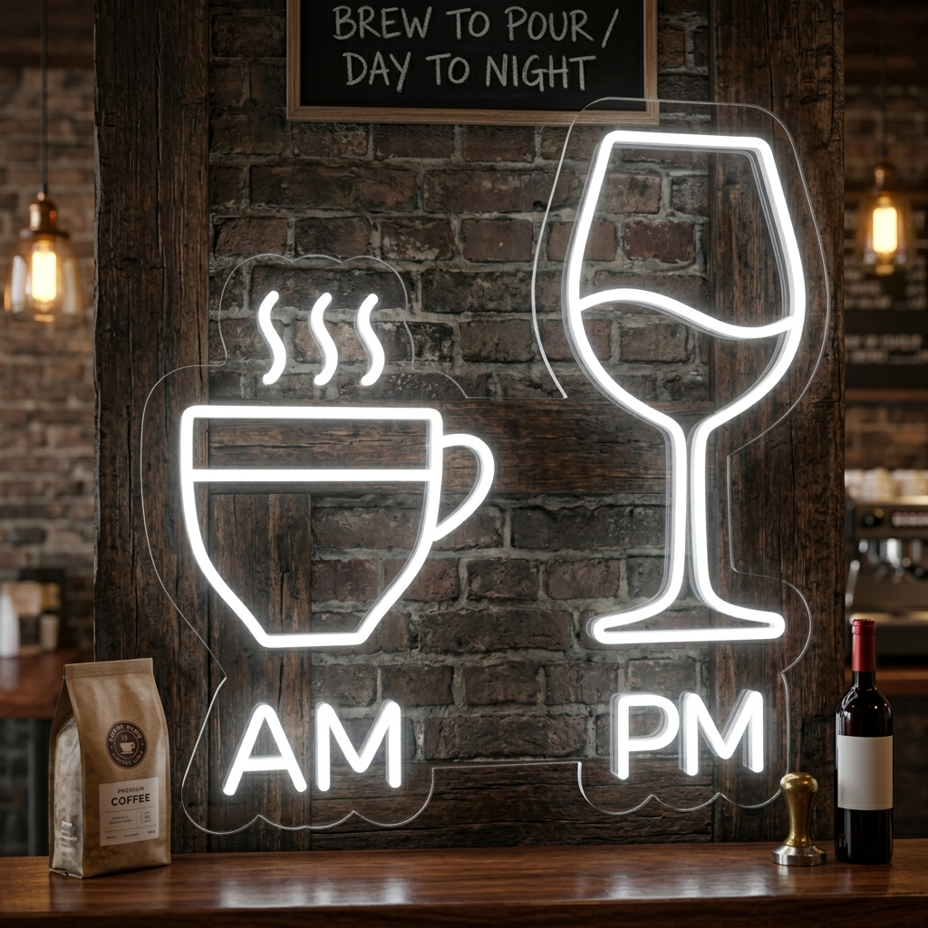 "AM, PM, Kahvikupit, Viinilasit, Baari" Neonkyltti