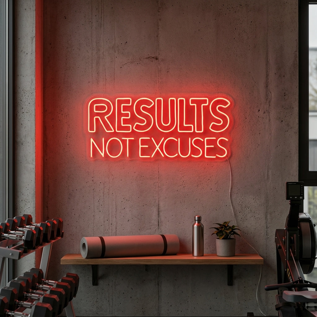 "Results Not Excuses, Kuntosali Sisustus, Kuntosali Lainauksia, Fitness Lainauksia, Workout Lainauksia" Neonkyltti