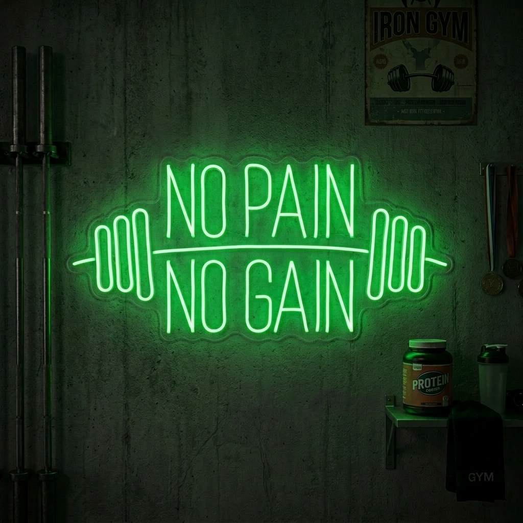 "No Pain No Gain, Kuntosali Sisustus, Kuntosali Lainauksia, Fitness Lainauksia, Workout Lainauksia" Neonkyltti