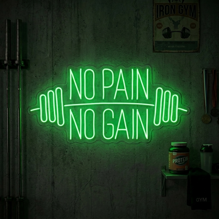 "No Pain No Gain, Kuntosali Sisustus, Kuntosali Lainauksia, Fitness Lainauksia, Workout Lainauksia" Neonkyltti