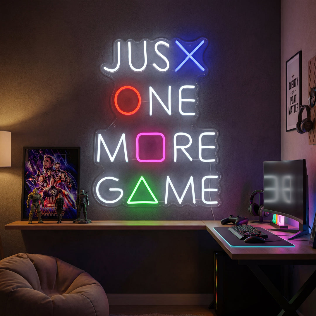 "Just One More Game, Pelaamisen Sisustus" Neonkyltti