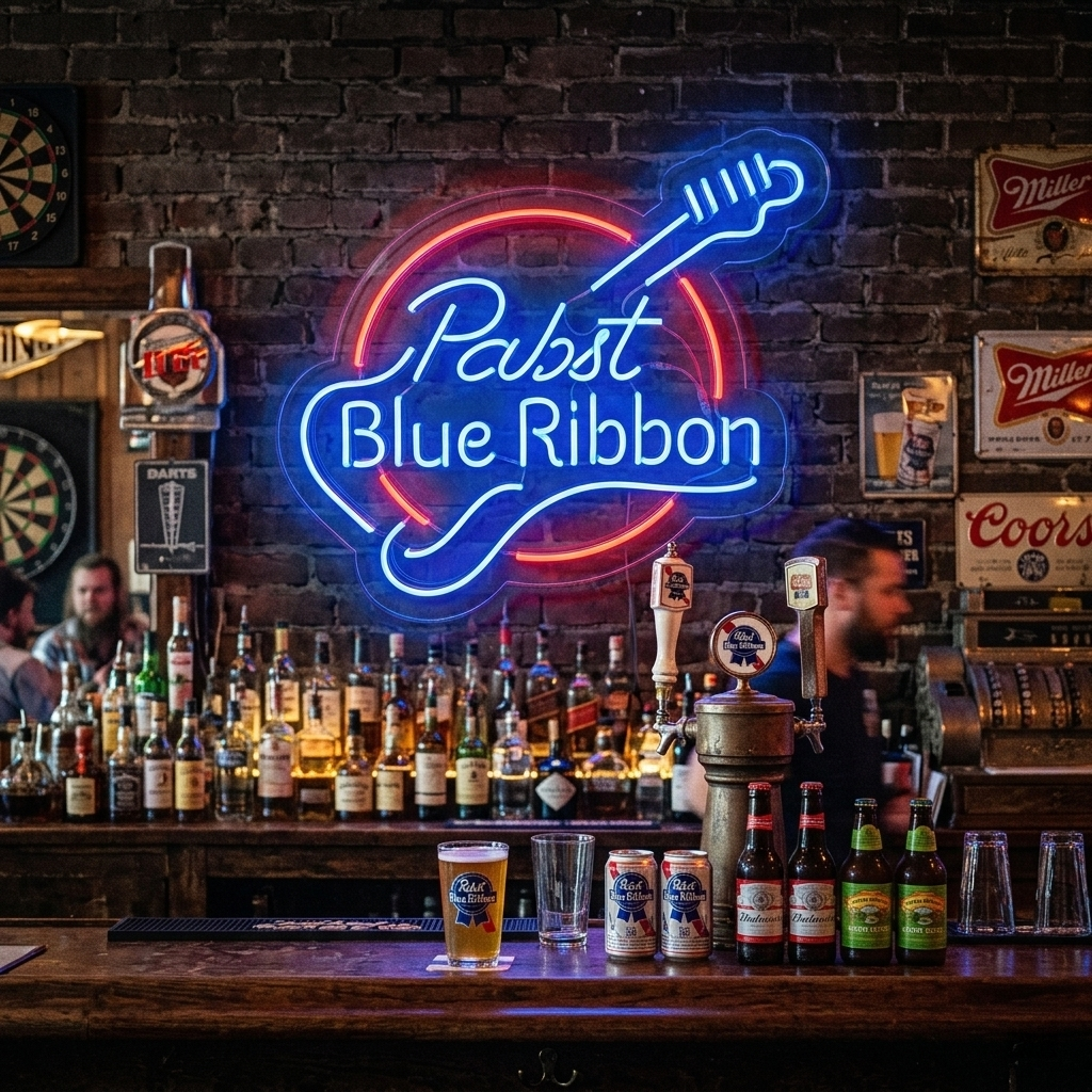 "Pabst Blue Ribbon, Kitara" Neonkyltti