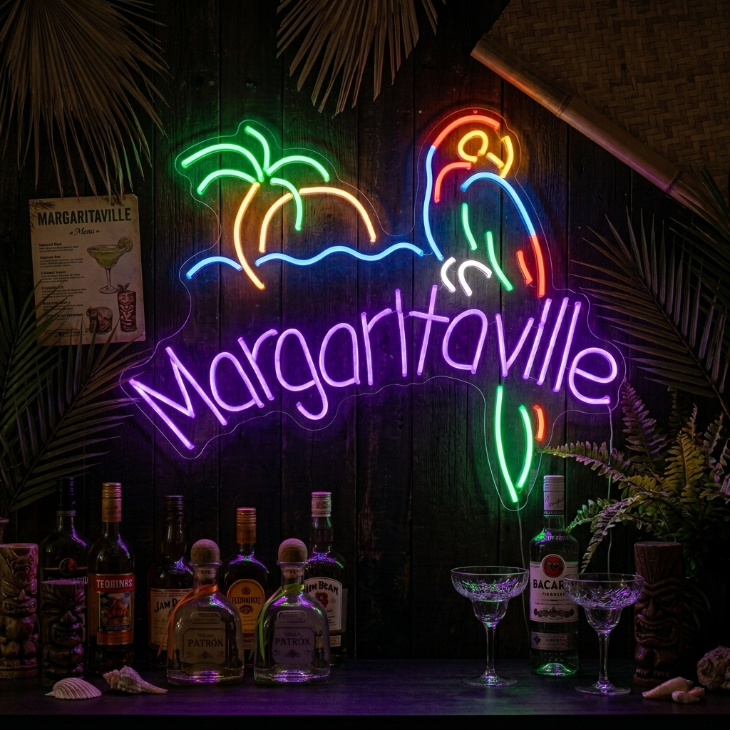 "Jimmy Buffett Margaritaville Paradise Papukaija Olut" Neonkyltti
