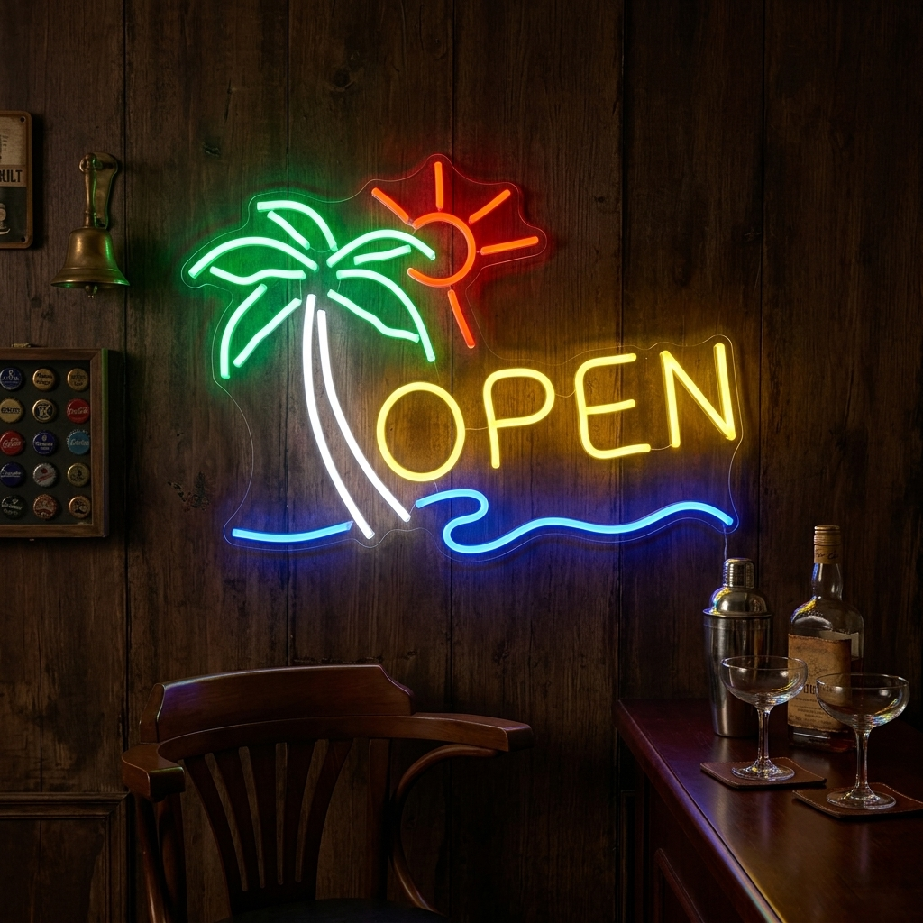 "Open, Baari" Neonkyltti