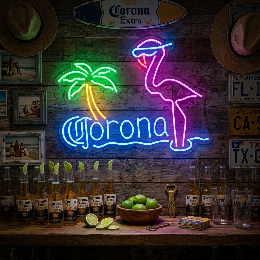 "Vaaleanpunainen Flamingo Palmu Olutbaari" Neonkyltti