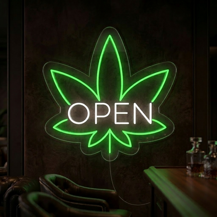 "OPEN, lehdet Bar" Neonkyltti