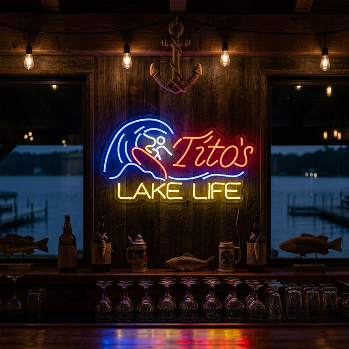 "Titos Lake Life Olutbaari" Neonkyltti