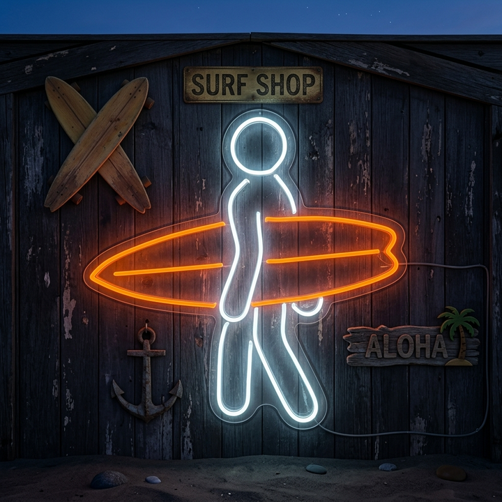"Mies, Joka Kantaa Surffilautaa Surffausurheilussa" Neonkyltti