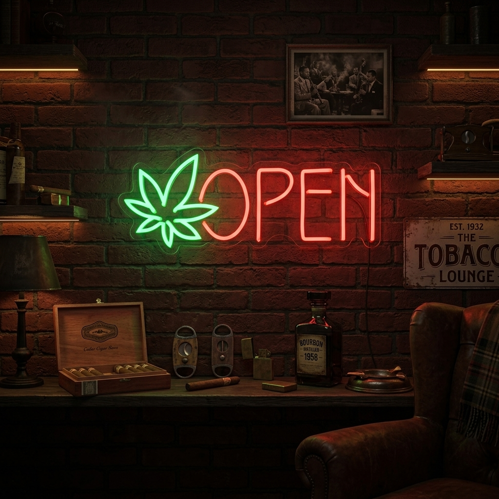 "Open, Puun lehti" Neonkyltti