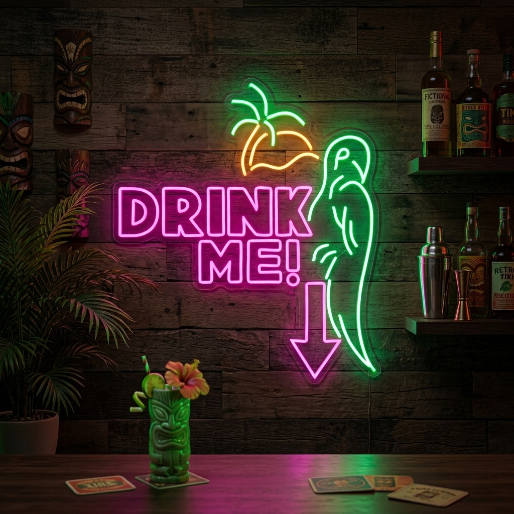 "papukaija, Drink Me" Neonkyltti