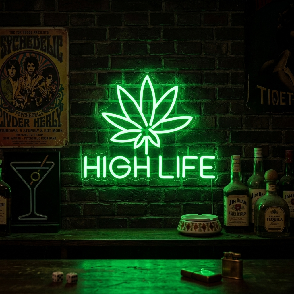 "Marihuana Kannabis High Life" Neonkyltti