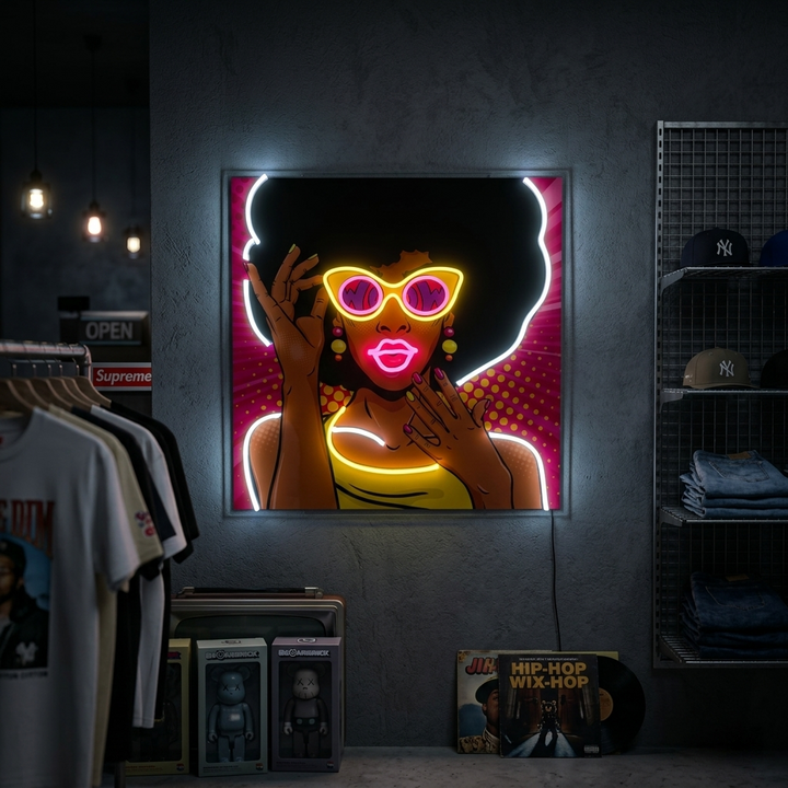 "50 -luvun afrikkalainen amerikkalainen tyttö, pop -taide" UV-tulostettu LED-neonkyltti
