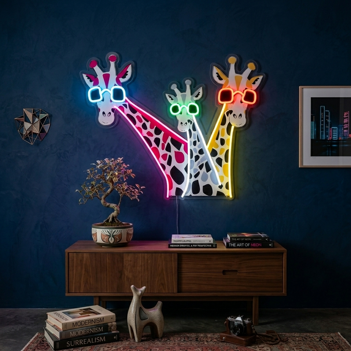 "Hauskoja kirahveja aurinkolaseilla" UV-tulostettu LED-neonkyltti