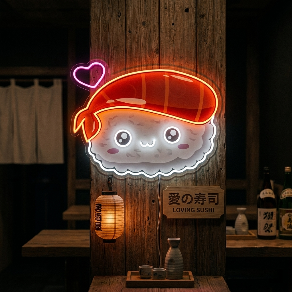 "Kawaii sushi, japanilainen ruoka" UV-tulostettu LED-neonkyltti