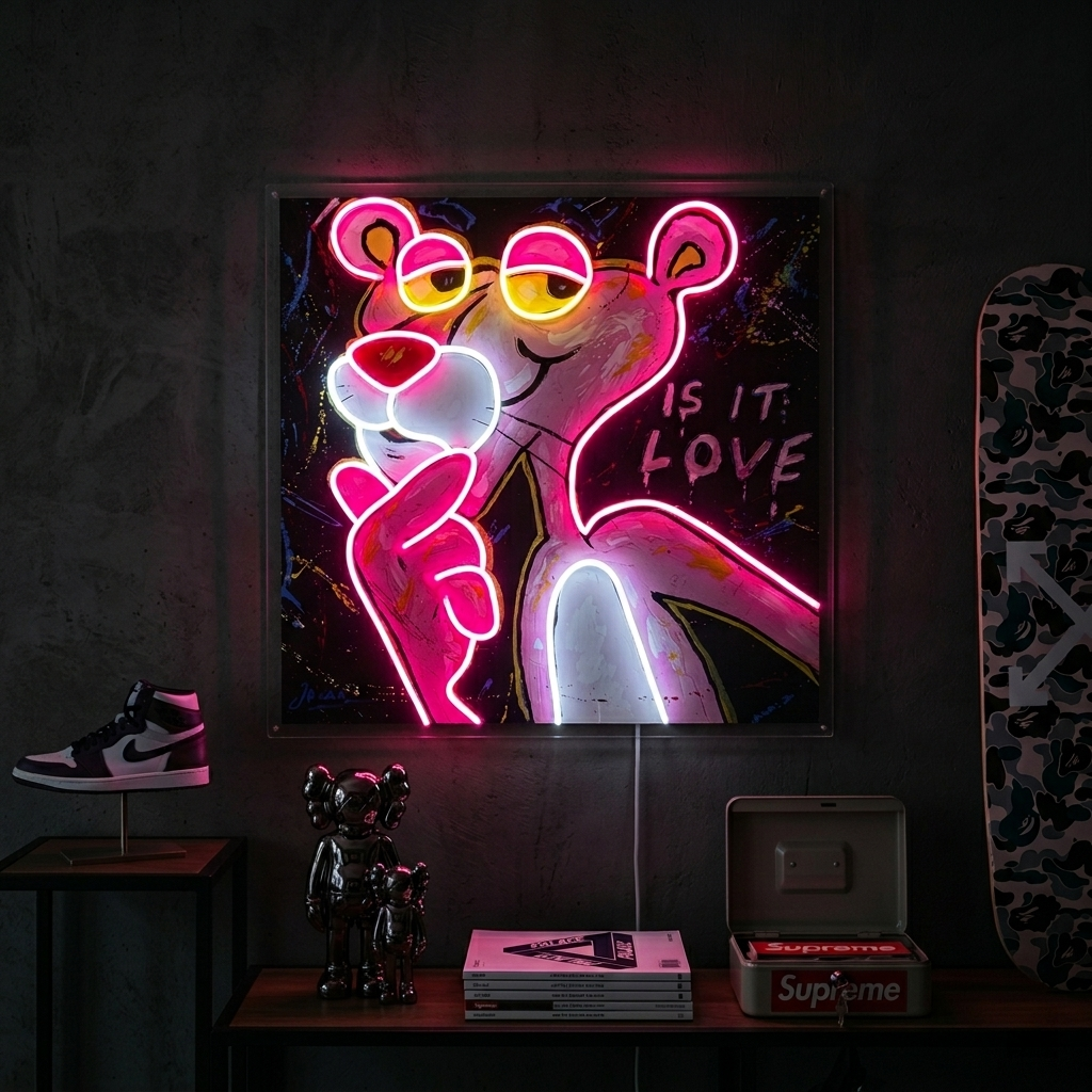 "Vaaleanpunainen ajattele panther, onko se rakkautta" UV-tulostettu LED-neonkyltti
