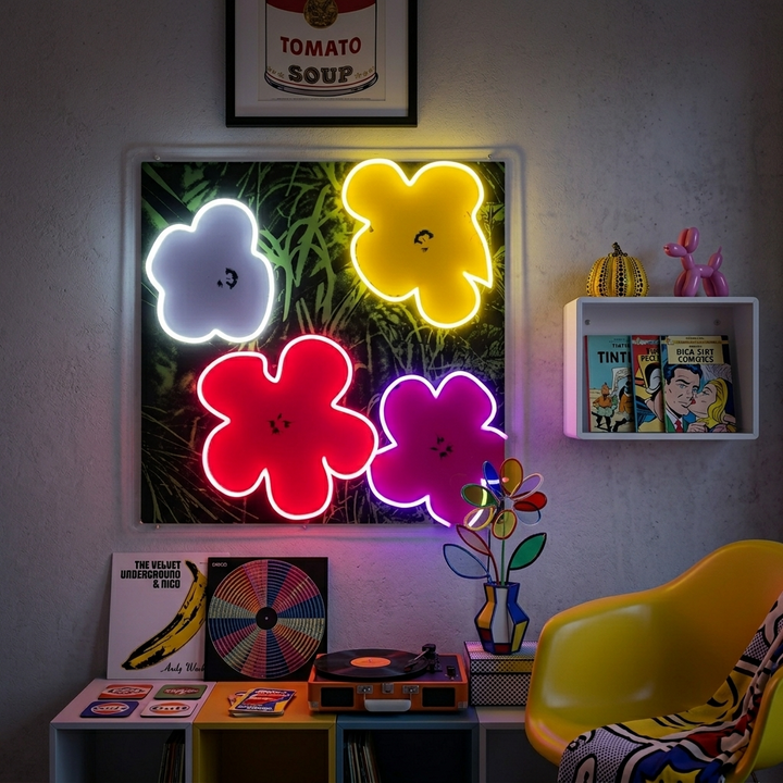 "Pop Art in Bloom, kuuluisat taiteilijan kukat" UV-tulostettu LED-neonkyltti