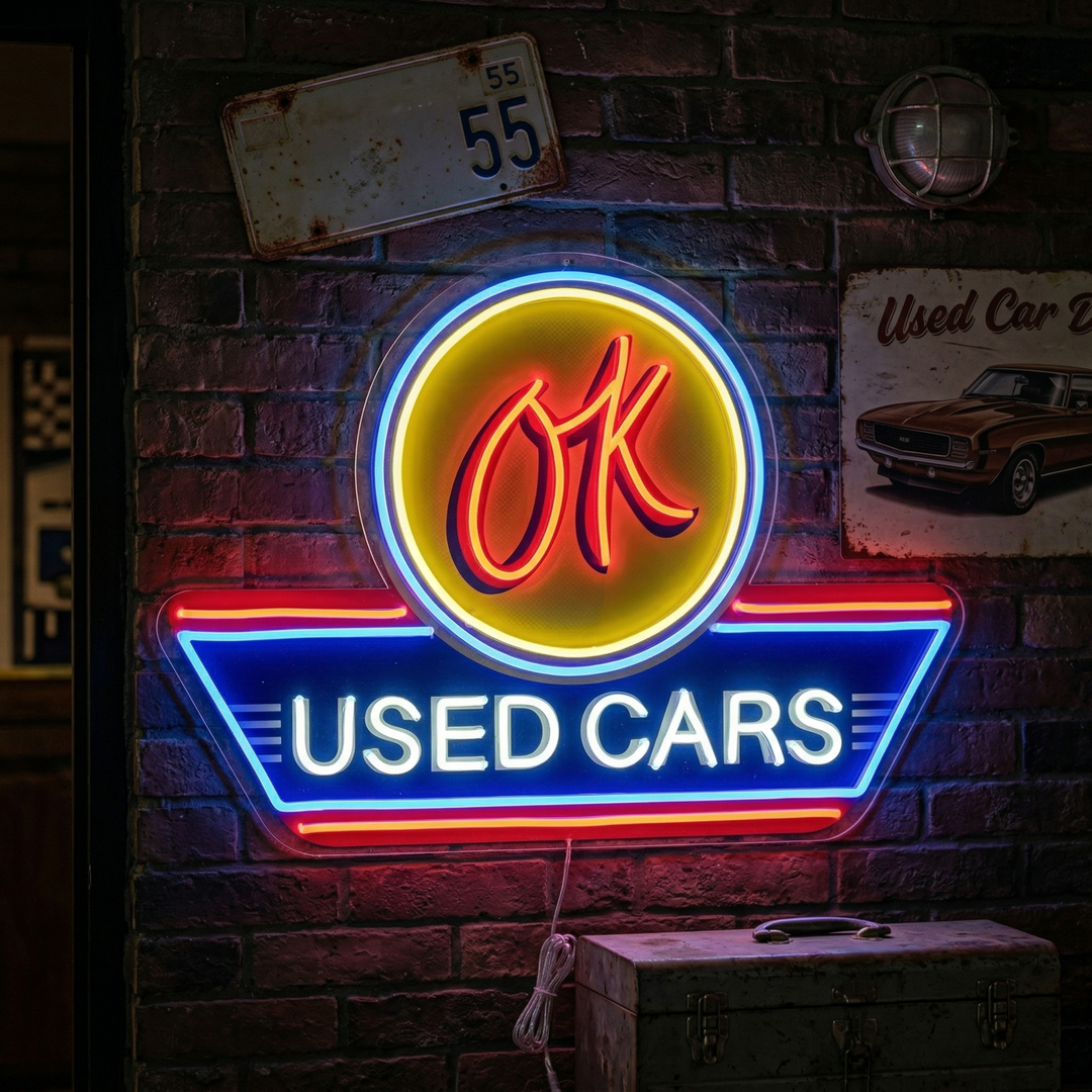 "Used Cars, autopalvelun logo" UV-tulostettu LED-neonkyltti