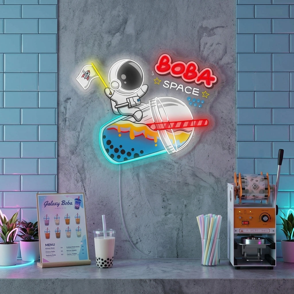 "Astronautti juomassa boba teetä" Neonkyltti