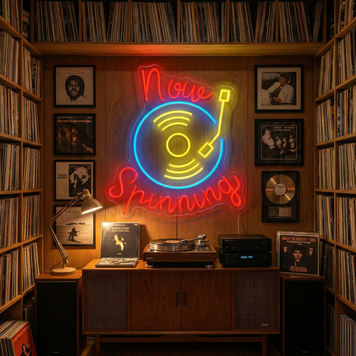 "Now Spinning" Neonkyltti