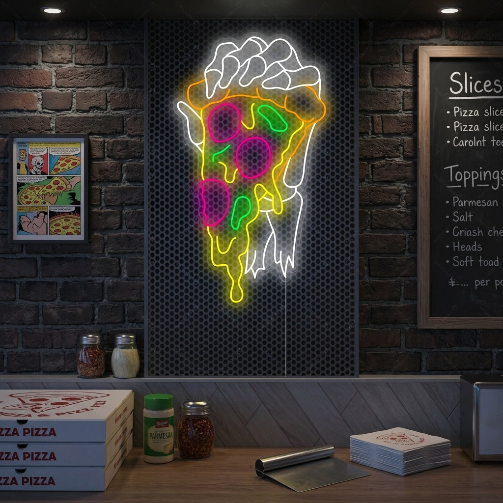 "Skeleton Hand Holding Pizza" Neonkyltti