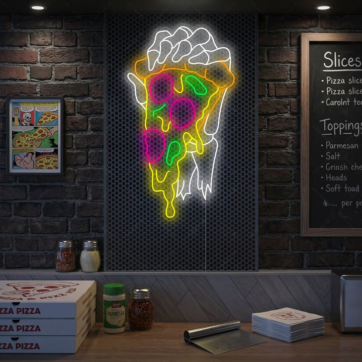 "Skeleton Hand Holding Pizza" Neonkyltti
