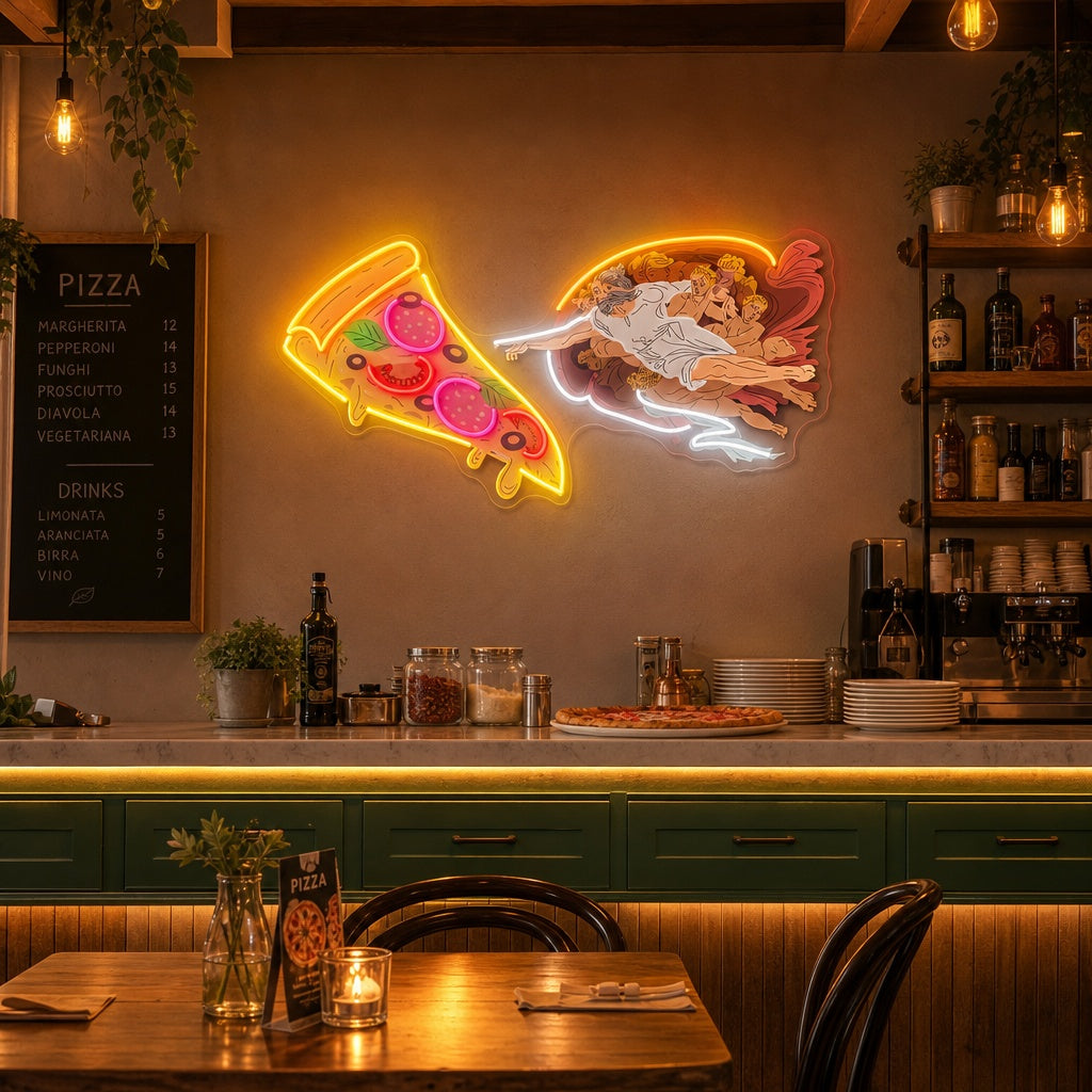 "Adam God teki pizzaa, pikaruokamainosta, ravintolan logoa" UV-tulostettu LED-neonkyltti